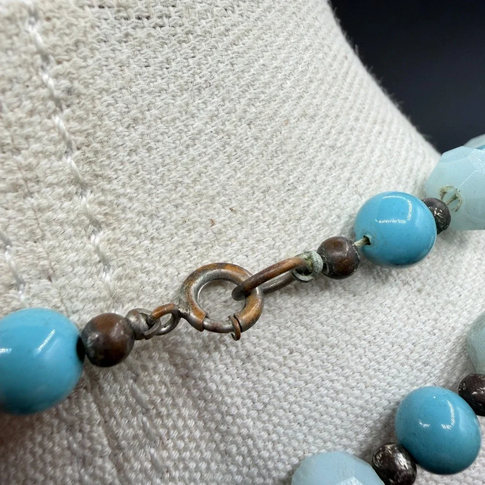Turquoise & Silver Tone Blue Beaded Double Strand Necklace Faceted Boho Jewelry